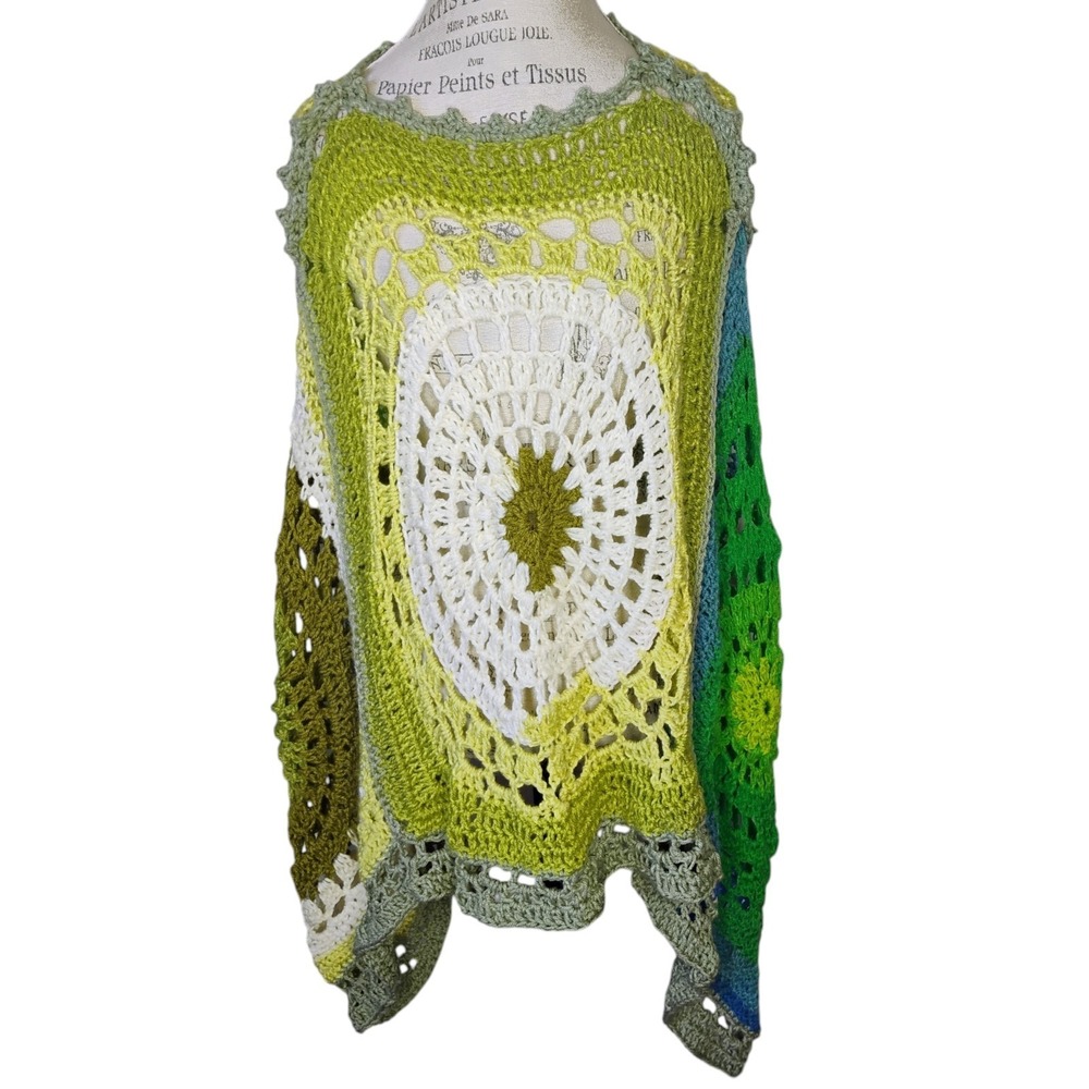 Vintage Crochet Poncho Granny Knit Handmade Shrug Hippie Boho Festival One Size